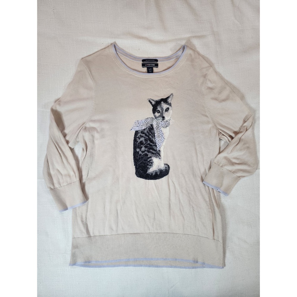 Lands' End Womens Supima Cotton Cat Intarsia Novelty Sweater Cream L/T 14-16